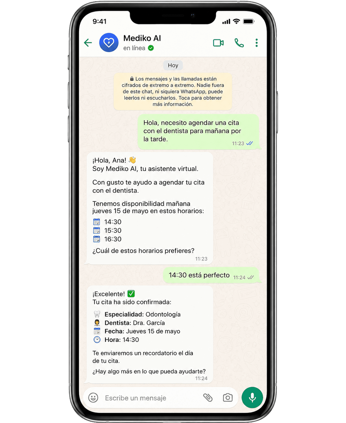 Conversación de WhatsApp dentro de Mediko